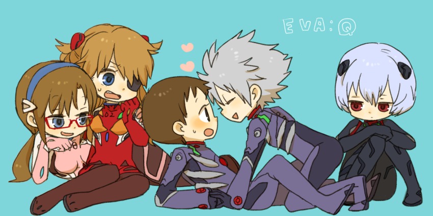 10s 2boys 3girls :d :o all_fours ayanami_rei black_bodysuit blue_eyes blue_hair bodysuit brown_eyes brown_hair chibi closed_eyes copyright_name evangelion:_3.0_you_can_(not)_redo eyepatch glasses hair_ornament hairband head_rest heart highres ikari_shinji interface_headset_(evangelion) long_hair low_twintails lying makinami_mari_illustrious mecha_pilot_suit multiple_boys multiple_girls nagisa_kaworu neon_genesis_evangelion on_back on_side open_mouth orange_hair plugsuit_(evangelion) rebuild_of_evangelion red-framed_eyewear red_eyes short_hair sitting smile souryuu_asuka_langley sweatdrop twintails white_hair yokozuwari yukke