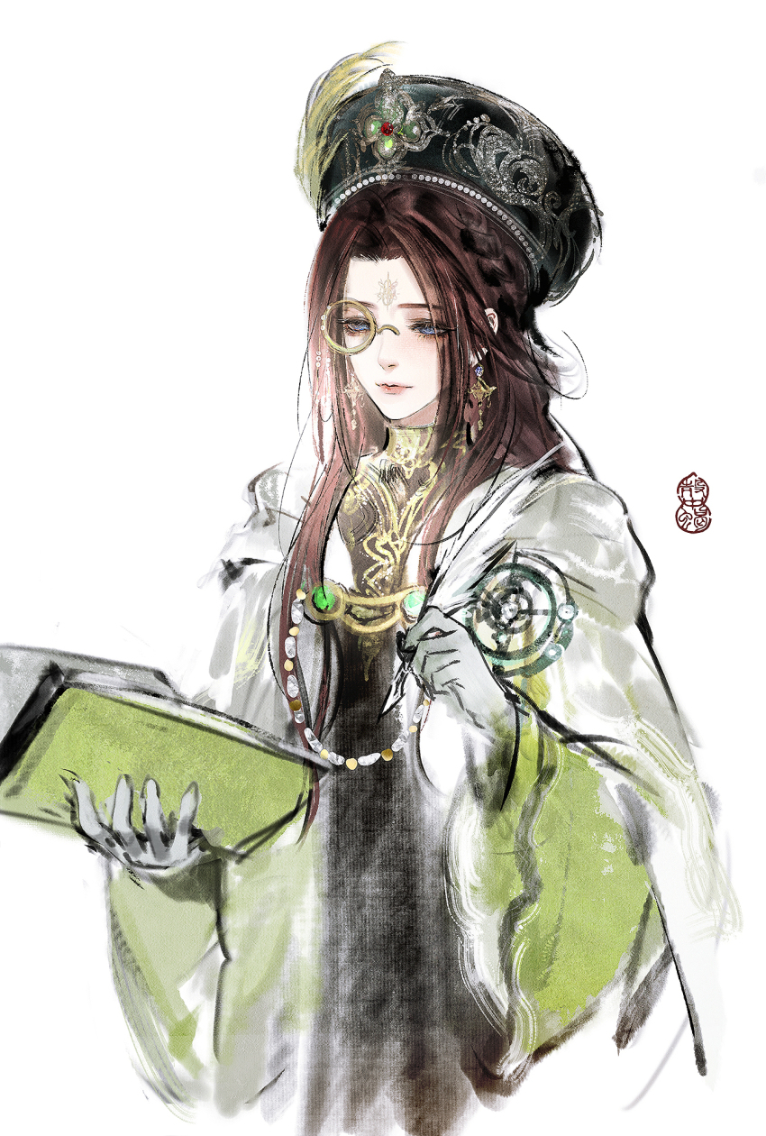 1girl artist_name beads black_dress black_hat blue_eyes book braid brown_hair closed_mouth cropped_torso dress earrings expressionless eyelashes facial_mark forehead_mark gloves gold_earrings green_sleeves grey_gloves hat hat_feather highres holding holding_book holding_quill infinity_nikki jewelry layered_sleeves light_blush lips long_hair long_sleeves looking_ahead monocle nikki_(series) pink_lips priest quill realistic robe round_eyewear sasora sidelocks silent_ode_(infinity_nikki) simple_background single_braid solo turtleneck turtleneck_dress watermark white_background white_robe wide_sleeves yellow-framed_eyewear