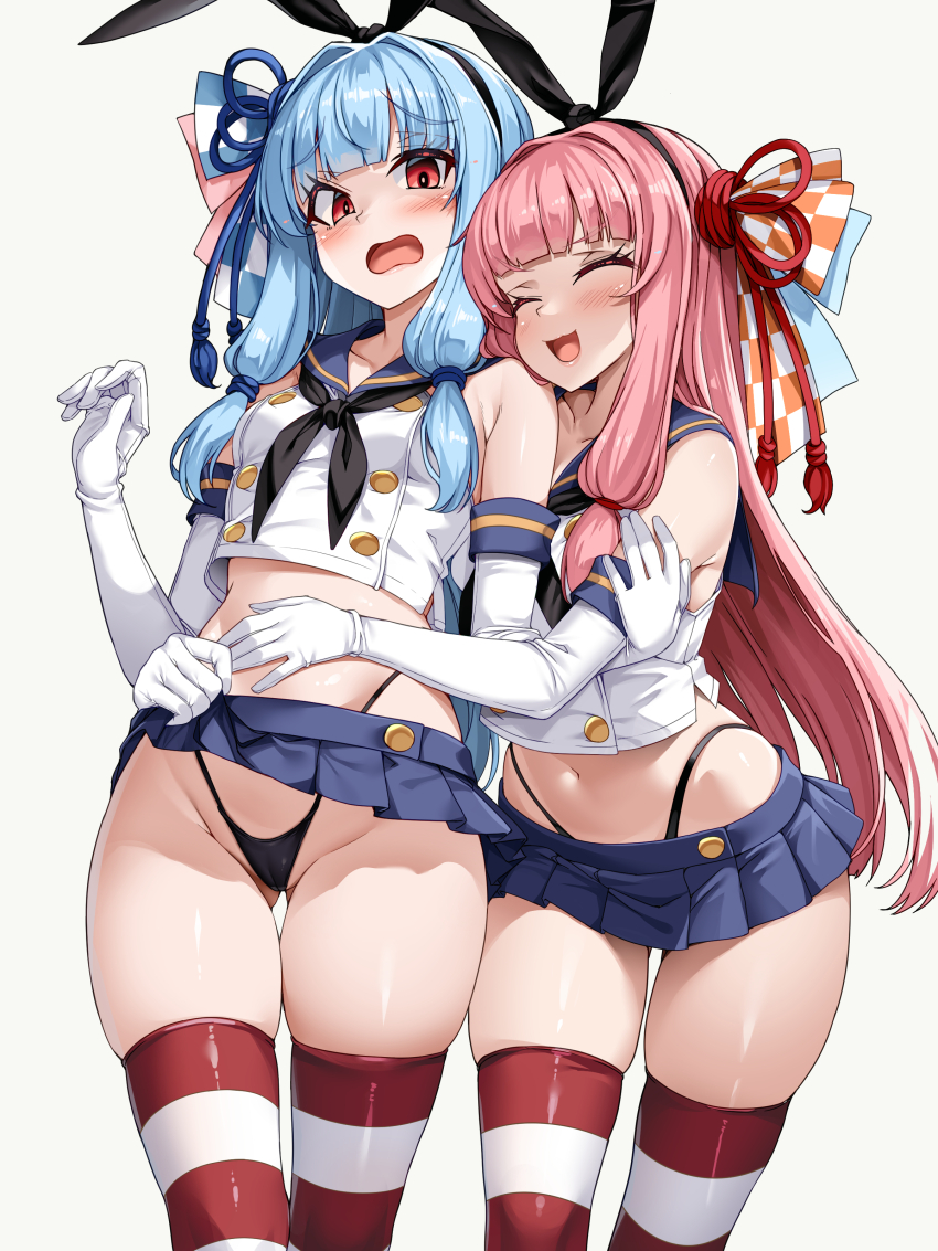 2girls absurdres black_panties blue_hair blue_sailor_collar blue_skirt blunt_bangs blush breasts closed_eyes commentary_request cosplay detached_sleeves gloves grey_background hair_ornament hair_ribbon hand_on_another&#039;s_hip highleg highleg_panties highres kantai_collection kotonoha_akane kotonoha_aoi long_hair looking_at_viewer miniskirt multiple_girls navel open_mouth panties pink_hair pleated_skirt purple_eyes red_eyes ribbon sailor_collar school_uniform serafuku shimakaze_(kancolle) shimakaze_(kancolle)_(cosplay) shirt siblings sidelocks simple_background sisters skirt small_breasts smile striped_clothes striped_thighhighs thighhighs thong torisan underwear voiceroid wavy_mouth white_gloves white_shirt