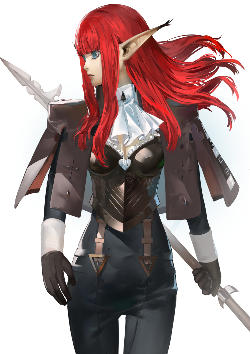 ascot blazpu blue_eyes blunt_bangs boobplate breastplate frilled_bustier frilled_shirt_collar frills highres holding holding_weapon hulkenberg_(metaphor:_refantazio) long_hair metaphor:_refantazio pointy_ears red_hair simple_background weapon white_ascot white_background