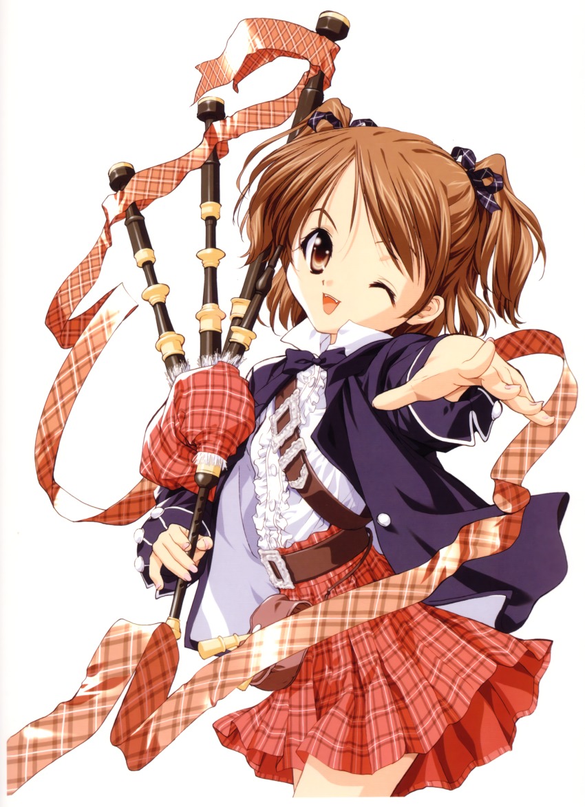 1girl bagpipes blouse blue_bow blue_bowtie bow bowtie center_frills cowboy_shot fangs female_focus foreshortening frilled_shirt frills from_side hair_ribbon head_tilt highres holding instrument jpeg_artifacts long_sleeves looking_at_viewer miniskirt official_art one_eye_closed open_mouth outstretched_arm plaid_clothes plaid_skirt popped_collar reaching reaching_towards_viewer ribbon shirt short_hair sim simple_background sister_princess skirt solo standing tenhiro_naoto two_side_up white_background white_shirt yotsuba_(sister_princess)