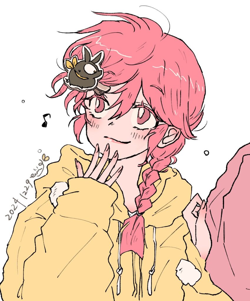 1girl 2024 bandana braid braided_ponytail dated highres lips looking_up n3349945 p-chan pig ranma-chan ranma_1/2 red_eyes red_hair simple_background smile white_background yellow_bandana