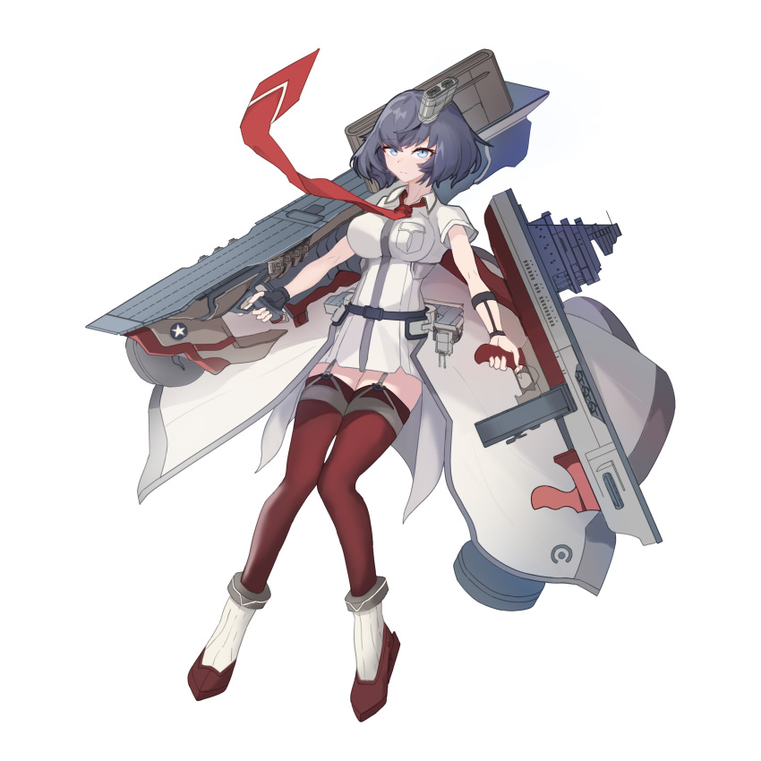 1girl absurdres belt black_belt breast_pocket breasts corinalyce1 dress drum_magazine flight_deck full_body garter_straps green_eyes grey_hair hair_ornament highres kantai_collection large_breasts magazine_(weapon) neckerchief original pocket red_neckerchief red_thighhighs rigging ship_turret short_hair short_sleeves simple_background smokestack smokestack_hair_ornament solo thighhighs uss_lexington_(cv-2)_(personification) white_background white_dress