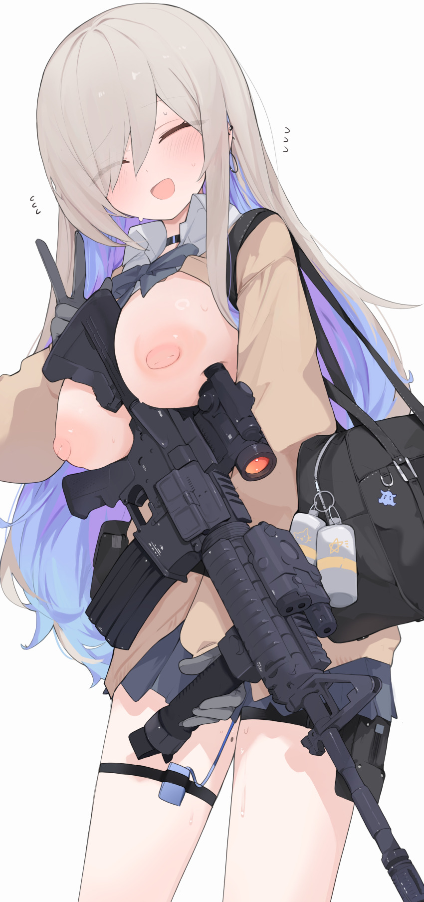1girl :d ^_^ absurdres assault_rifle black_gloves blue_hair breasts closed_eyes colored_inner_hair commentary_request eyes_visible_through_hair gloves grey_hair gun highres large_breasts long_hair mikozin mole mole_on_thigh multicolored_hair open_mouth rifle simple_background smile solo standing thighs v weapon white_background