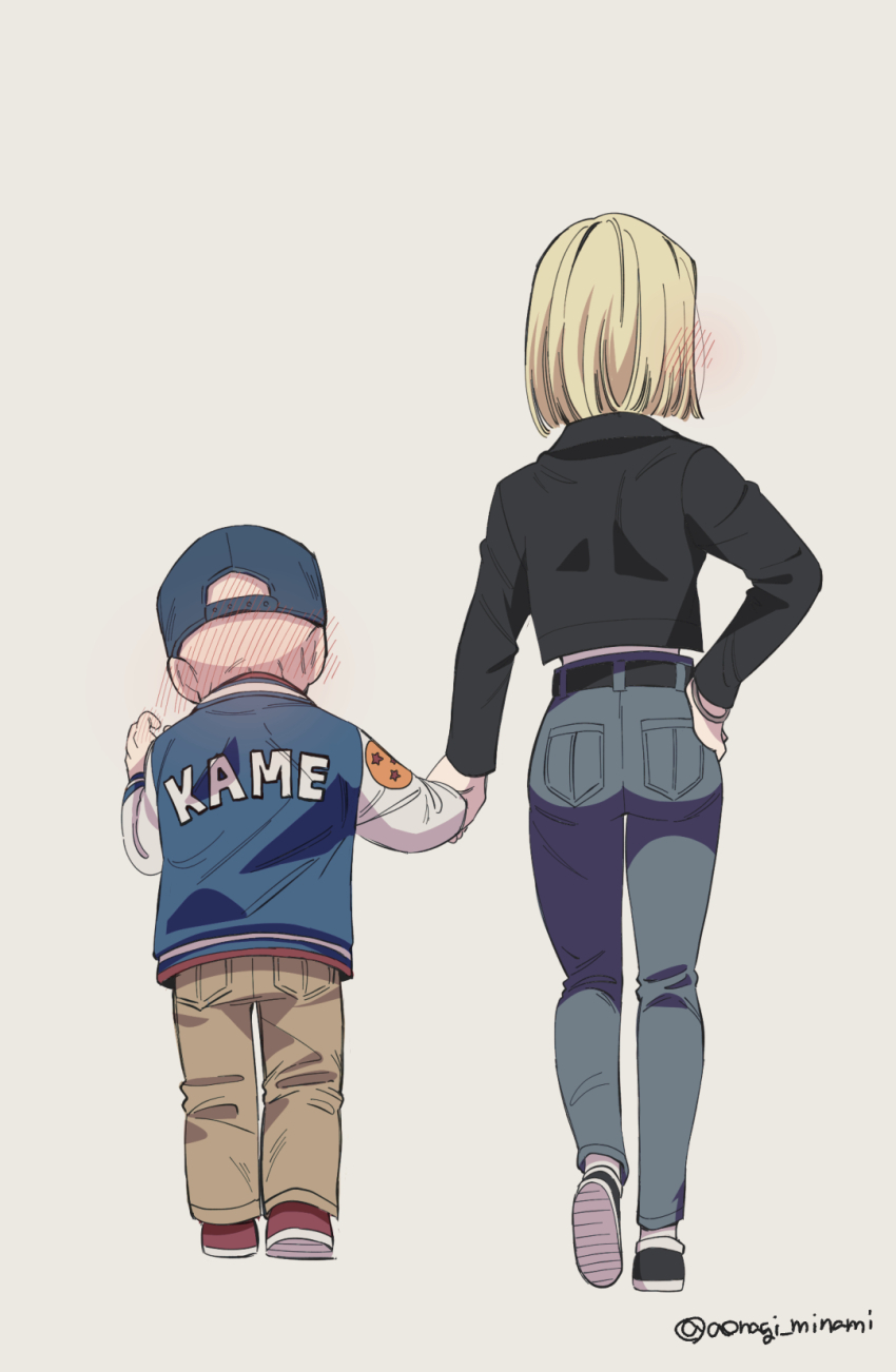 1boy 1girl android_18 bald bald_male blonde_hair blush couple dating dragon_ball embarrassed highres holding_hands kuririn tagme