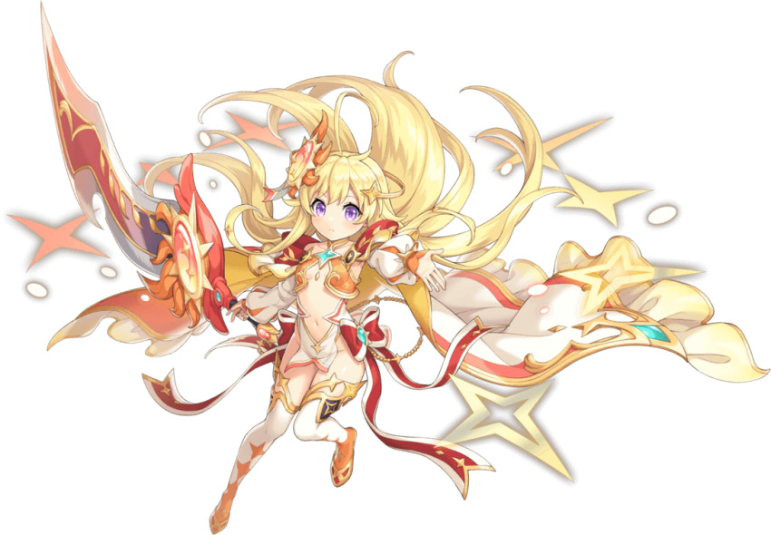 1girl apollo_(legend_clover) artist_request artistic_error blonde_hair breasts four-pointed_star full_body game_cg groin hair_ornament huge_weapon legend_clover long_hair navel official_alternate_costume official_art purple_eyes solo star_(symbol) star_hair_ornament star_print third-party_source transparent_background weapon