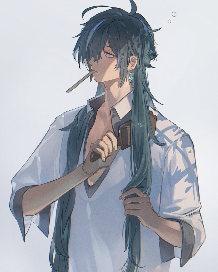 1boy absurdres aji_11300913 blue_eyes blue_hair brushing_hair closed_mouth collarbone collared_shirt dark-skinned_male dark_skin earrings genshin_impact hair_brush hair_over_one_eye highres jewelry kaeya_(genshin_impact) long_hair looking_to_the_side male_focus shirt simple_background solo sparkle toothbrush toothbrush_in_mouth upper_body white_background white_shirt