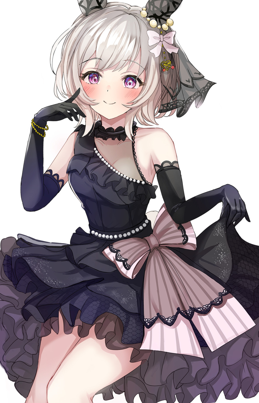 1girl animal_ears black_dress black_gloves blush bow breasts commentary cowboy_shot curren_chan_(sakutsuki_ma_cherie)_(umamusume) curren_chan_(umamusume) dress ear_covers ear_ornament elbow_gloves gloves grey_hair hanamura_pink highres horse_ears horse_girl horse_tail medium_breasts official_alternate_costume pink_bow purple_eyes short_hair simple_background single_bare_shoulder smile solo tail teeth umamusume white_background