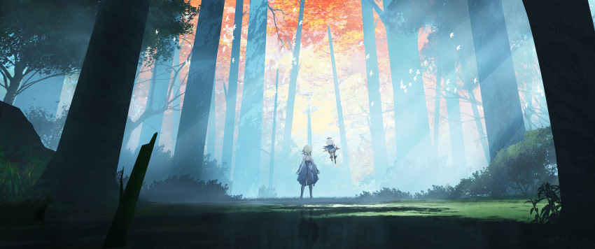 2girls absurdres bird blonde_hair blue_scarf dappled_sunlight de4d_fish dress floating forest full_body genshin_impact halo highres long_hair lumine_(genshin_impact) multiple_girls nature paimon_(genshin_impact) scarf scenery sunlight tree white_dress white_hair white_scarf wide_shot