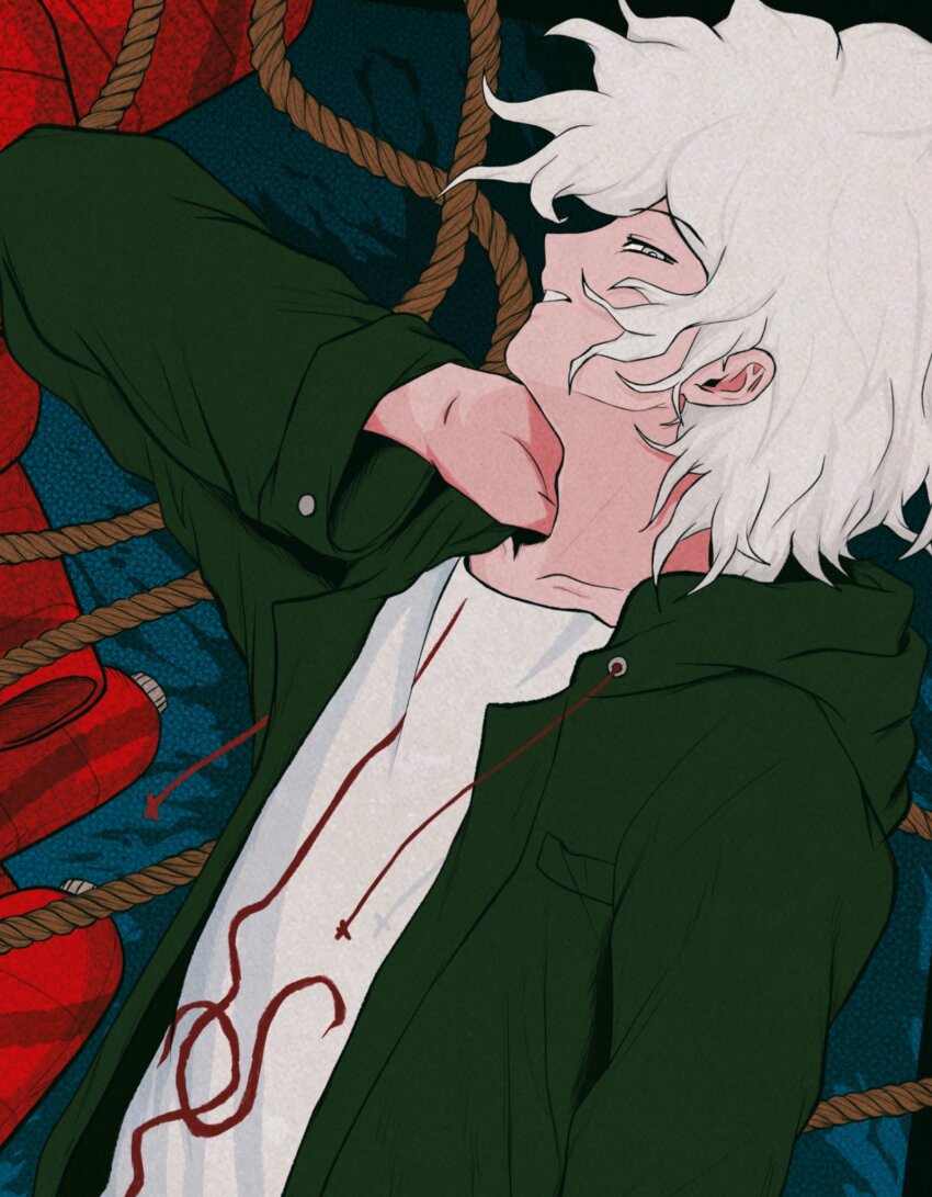1boy blue_background danganronpa_(series) danganronpa_2:_goodbye_despair green_jacket grey_eyes hand_on_own_neck highres jacket komaeda_nagito looking_at_viewer male_focus open_clothes open_jacket parted_lips rope shirt short_hair solo upper_body uri_ka55 white_hair white_shirt
