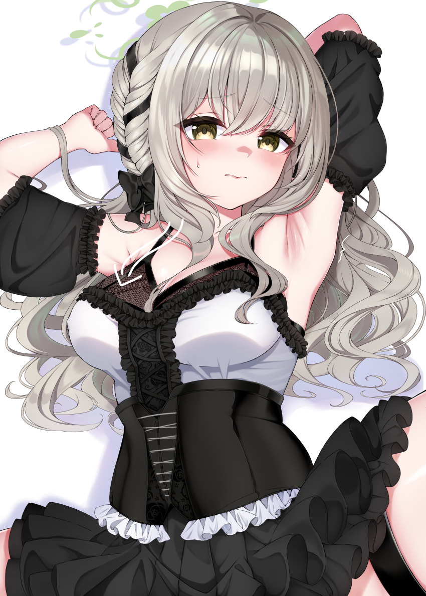 1girl absurdres armpits bare_shoulders black_skirt blue_archive blush breasts cleavage detached_sleeves dress frills grey_hair highres large_breasts long_hair looking_at_viewer lying miyo_(blue_archive) sen_chan_(akane1023) skirt solo sweat yellow_eyes
