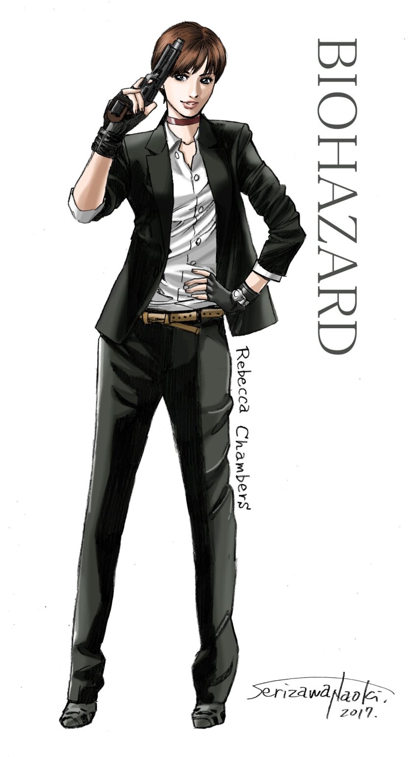 1girl 2017 belt brown_hair choker collarbone fingerless_gloves formal_clothes full_body gloves gun handgun highres holding holding_gun holding_weapon lips looking_at_viewer naoki_serizawa rebecca_chambers resident_evil short_hair signature simple_background smile solo suit weapon white_background