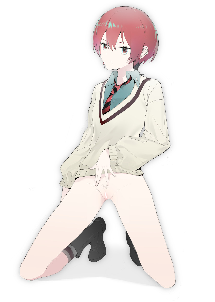 1girl absurdres amate_yuzuriha anli_(jwcpp4sum0mgk5r) bar_censor black_socks blue_shirt bottomless brown_sweater censored commentary diagonal-striped_clothes diagonal-striped_necktie english_commentary female_pubic_hair gundam gundam_gquuuuuux highres kneeling looking_at_viewer necktie pubic_hair pussy red_hair red_necktie shirt short_hair simple_background socks solo striped_clothes sweater white_background