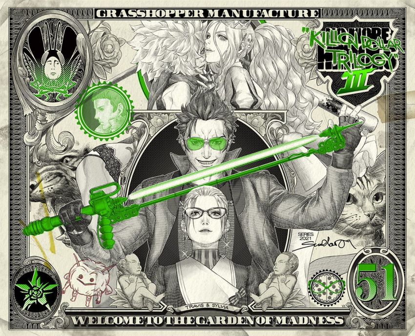 2boys 3girls baby bad_girl baseball_bat character_name company_name copyright_name energy_sword glasses holding_hands henry_cooldown jacket jeane_(cat) katana kozaki_yuusuke looking_at_viewer monochrome multiple_boys multiple_girls no_more_heroes no_more_heroes_3 official_art parted_lips ponytail scar shinobu_jacobs smile spot_color star_(symbol) sunglasses sword third-party_source tiger travis_touchdown weapon