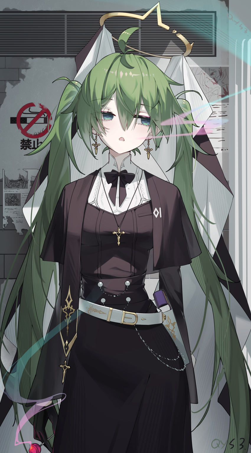 1girl absurdres alternate_costume alternate_hair_color aqua_eyes belt black_dress book bow bowtie candy capelet chupa_chups collared_dress dress earrings food green_hair halo hatsune_miku highres holding holding_candy holding_food jewelry lollipop necklace no_smoking qys3 solo twintails vocaloid