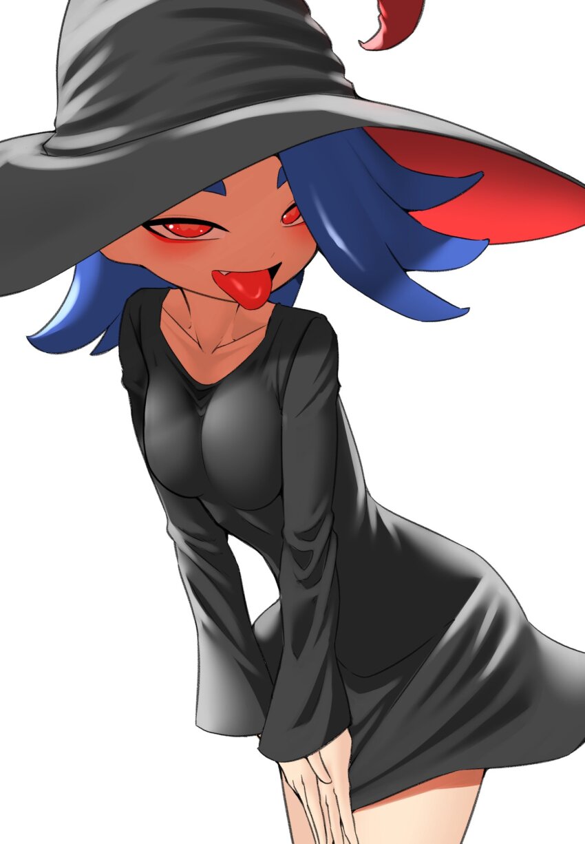 1girl blue_hair blush breasts collarbone cowboy_shot dress facing_viewer fangs hair_over_one_eye hands_on_own_knees hat highres large_breasts leaning_forward looking_at_viewer nintendo octoling open_mouth pero_(pero7762) red_eyes shiver_(splatoon) short_dress solo splatoon_(series) splatoon_3 tentacle_hair tongue tongue_out white_background witch_hat