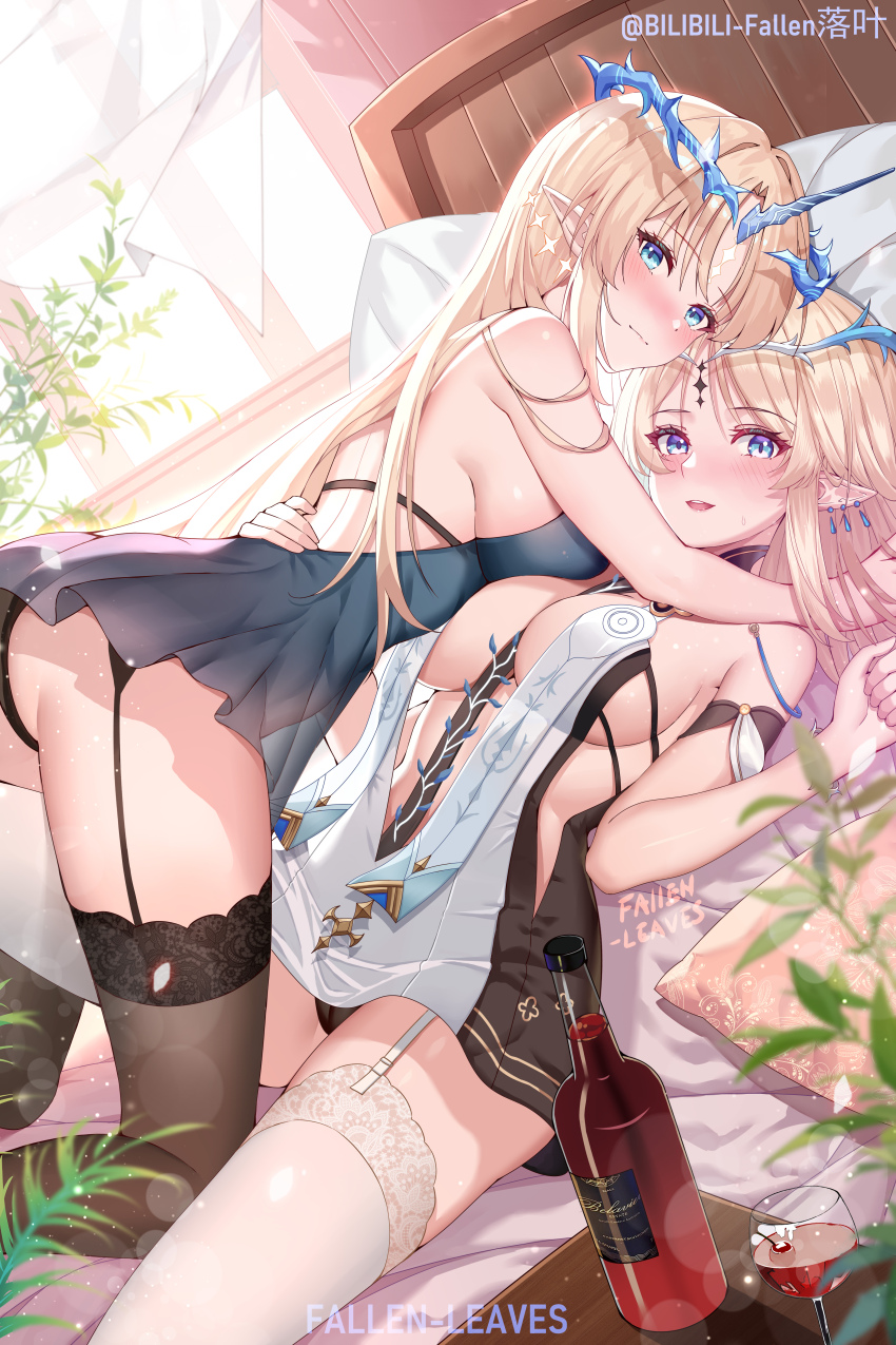 2girls absurdres alcohol artist_name backless_dress backless_outfit bare_shoulders bed bed_sheet between_breasts bilibili_username black_dress black_panties black_thighhighs blonde_hair blue_butterfly blue_eyes blush bottle breasts bug butterfly cartethyia_(wuthering_waves) chinese_commentary cleavage closed_mouth commentary_request crown_of_thorns cup curtains dress drinking_glass dual_persona earrings facial_mark fallen-leaves fleurdelys_(wuthering_waves) forehead_mark garter_straps glowing_butterfly gold_trim hair_between_eyes hand_on_another&#039;s_back highres horns indoors insect jewelry large_breasts light_particles long_hair long_horns looking_at_viewer lying multiple_girls on_back on_bed open_mouth panties partial_commentary pillow plant pointy_ears red_wine single_horn smile tabard table tacet_mark_(wuthering_waves) thighhighs thighs turning_head underwear very_long_hair watermark white_tabard white_thighhighs window wine wine_bottle wine_glass wuthering_waves