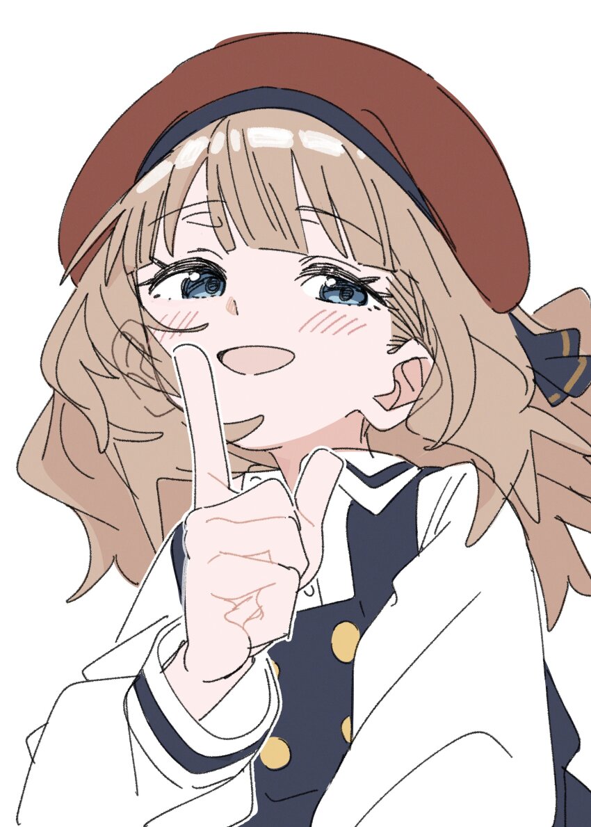 1girl brown_hair child hat idolmaster idolmaster_million_live! index_finger_raised meeeeeeco359 open_mouth simple_background smile solo suou_momoko white_background