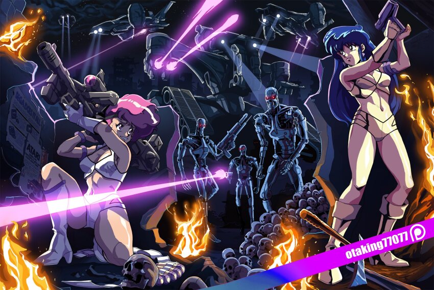 2girls atari axe blue_hair boots breasts cleavage commentary crop_top cropped_vest crossover dirty_pair english_commentary fire gun highres holding holding_gun holding_weapon kei_(dirty_pair) laser medium_breasts multiple_girls navel nervous_smile on_one_knee otaking patreon_logo patreon_username pink_hair poster_(object) robot sega skull sky smile star_(sky) starry_sky t-800 terminator_(series) vest watermark weapon yuri_(dirty_pair)