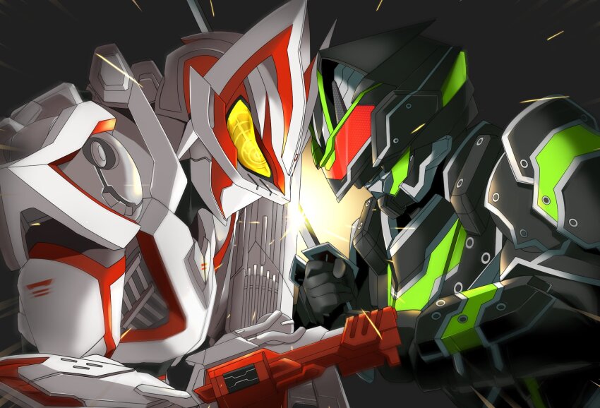 2boys animal_ears armor black_armor black_background black_bodysuit bodysuit boost_mark_ix_buckle bujinsword_buckle cape clash commentary desire_driver rider_belt faceoff fox_mask from_side geats_buster_qb9 glowing glowing_eyes helmet highres holding holding_sword holding_weapon kamen_rider kamen_rider_geats kamen_rider_geats_(series) kamen_rider_geats_ix kamen_rider_tycoon kamen_rider_tycoon_bujinsword light_particles male_focus mask miyabi_(037) multiple_boys neon_trim night power_armor raccoon_ears red_eyes rider_belt signature sword sword_clash tokusatsu water_drop weapon yellow_eyes