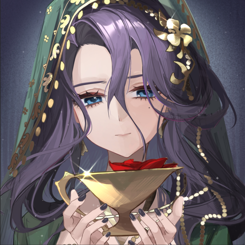 1girl black_nails blue_eyes closed_mouth facing_viewer flower glint green_shirt green_veil grey_background hair_between_eyes hands_up highres holding_lamp kuroja long_hair looking_down mole mole_under_eye official_alternate_costume oil_lamp portrait purple_hair red_flower reverse:1999 shirt solo veil willow_(reverse:1999)