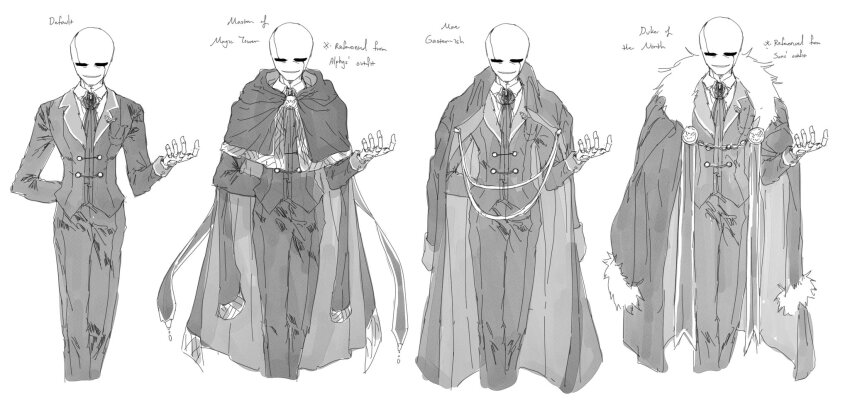 1boy ascot blood blood_on_clothes cape capelet coat coat_on_shoulders collared_shirt cowboy_shot english_text greyscale highres lapels lina_gtk long_sleeves monochrome multiple_views notched_lapels pants shirt simple_background undertale vest w.d._gaster