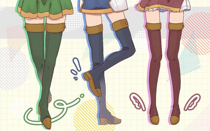 3girls blue_footwear blue_thighhighs boots catria_(fire_emblem) commentary dress eifilet est_(fire_emblem) fire_emblem fire_emblem:_mystery_of_the_emblem fire_emblem:_new_mystery_of_the_emblem fire_emblem:_shadow_dragon fire_emblem:_shadow_dragon_and_the_blade_of_light fire_emblem_echoes:_shadows_of_valentia green_footwear green_thighhighs leg_up multiple_girls nintendo out_of_frame palla_(fire_emblem) red_footwear red_thighhighs skirt symbol-only_commentary thighhighs thighs