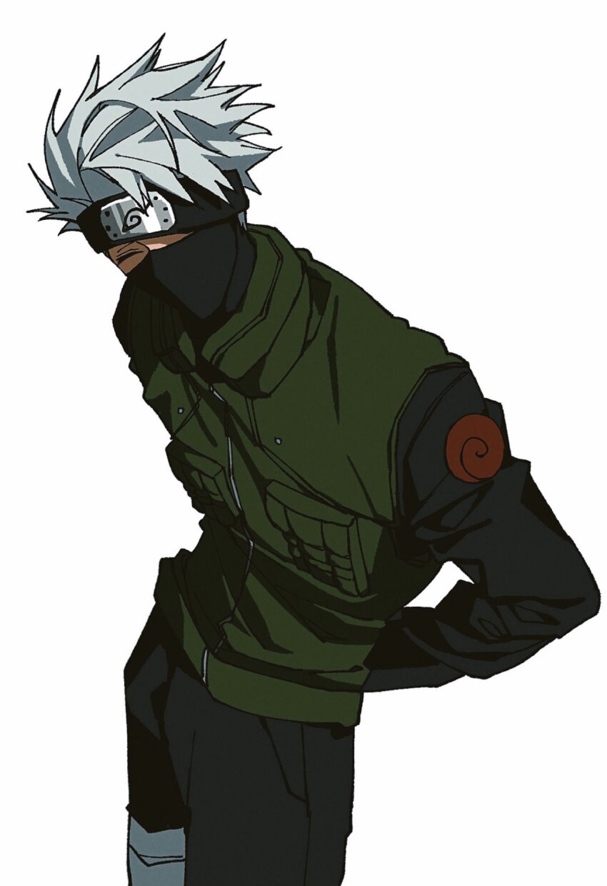 1boy arms_behind_back bandaged_leg bandages black_headband black_mask black_pants black_shirt closed_eyes green_vest grey_hair hatake_kakashi headband highres luckyboysquad male_focus mask mouth_mask naruto_(series) pants shirt short_hair solo spiked_hair swept_bangs vest white_background