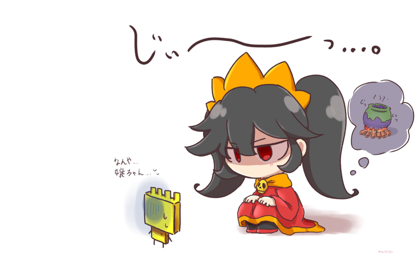 1girl ashley_(warioware) black_hair cauldron chibi dress fronk full_body hair_between_eyes hairband hands_on_own_knees highres legs_together long_hair looking_at_another nervous nintendo no_mouth no_nose orange_hairband orange_neckwear red_dress red_eyes shaded_face sidelocks sitting skull speech_bubble sweat thought_bubble twintails warioware
