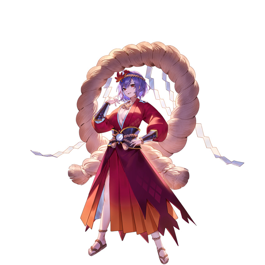 1girl alternate_costume arm_guards breasts center_opening full_body game_cg hair_ornament hand_on_own_hip headband highres japanese_clothes kimono leaf_hair_ornament long_sleeves looking_at_viewer maple_leaf_hair_ornament mirror non-web_source official_art onbashira open_clothes open_kimono puffy_long_sleeves puffy_sleeves purple_hair red_eyes red_kimono rope rope_necklace second-party_source shide shimenawa short_hair smile solo tachi-e touhou touhou_gensou_eclipse u_u_zan yasaka_kanako