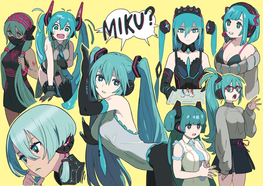 1girl absurdres alternate_costume alternate_hairstyle aqua_eyes aqua_hair black_gloves commentary elbow_gloves fangs gloves hatsune_miku headphones highres long_hair oomura_yuusuke short_hair side_ponytail solo tan twintails two_side_up very_long_hair vocaloid yellow_background