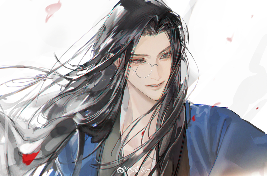 1boy absurdres black_hair blue_hanfu chinese_clothes chinese_commentary grey_eyes gu_yun hanfu highres long_hair looking_ahead male_focus monocle sha_po_lang smile solo upper_body watermark weibo_watermark white_background yu_shuo_de_nian_ji_zhu