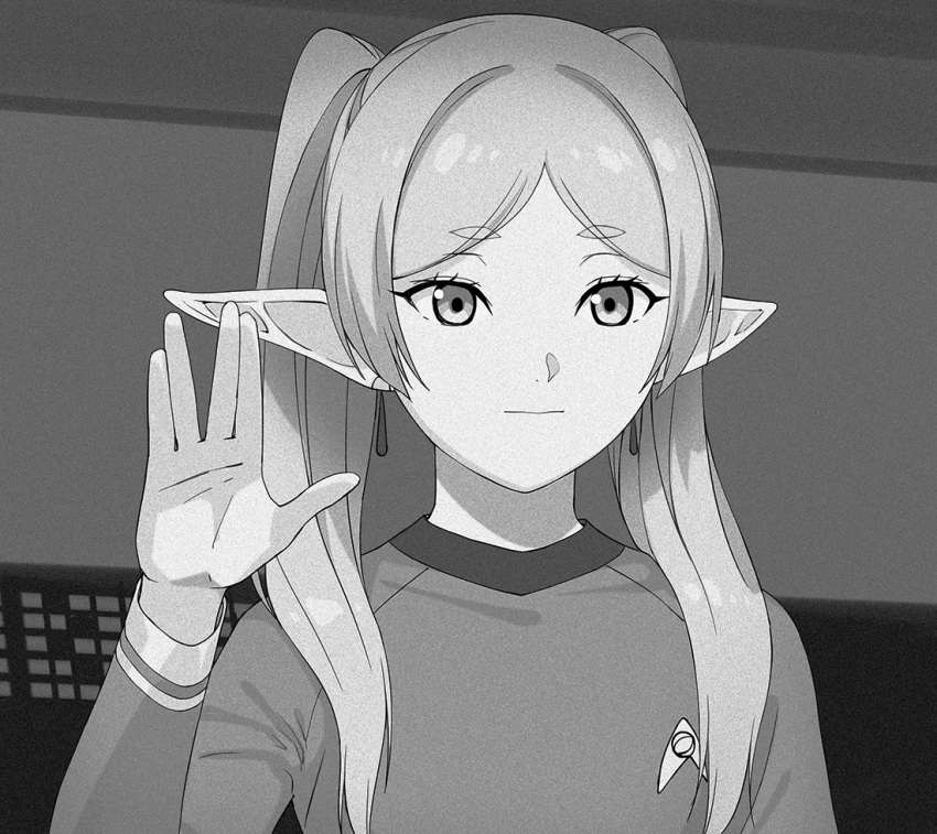 1girl a1_(initial-g) alternate_costume commentary_request cosplay earrings elf frieren greyscale hand_up jewelry monochrome pointy_ears solo sousou_no_frieren spock spock_(cosplay) star_trek star_trek:_the_original_series twintails upper_body