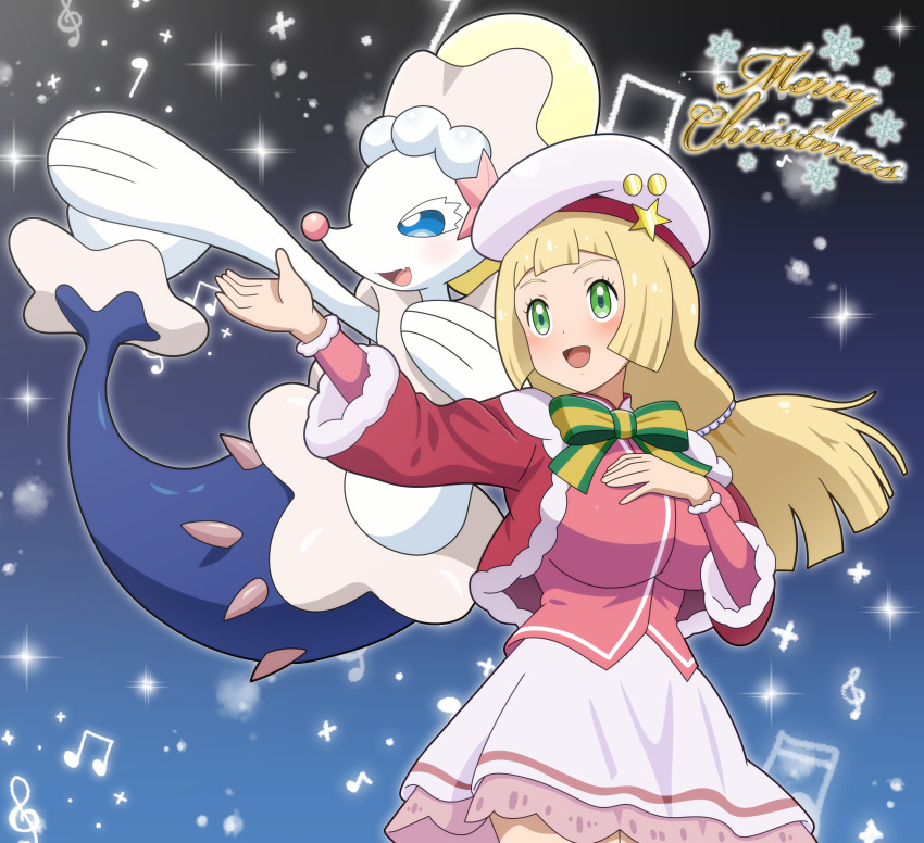 1girl absurdres alternate_color blonde_hair blunt_bangs blush bow breasts christmas dress gen_7_pokemon green_eyes hand_on_own_chest highres hitokiwa_kenchin lillie_(holiday_2024)_(pokemon) lillie_(pokemon) long_hair long_sleeves looking_to_the_side music musical_note night night_sky nintendo open_mouth pokemon pokemon_(creature) pokemon_masters_ex primarina shiny_pokemon singing sky snowflakes star_(sky)