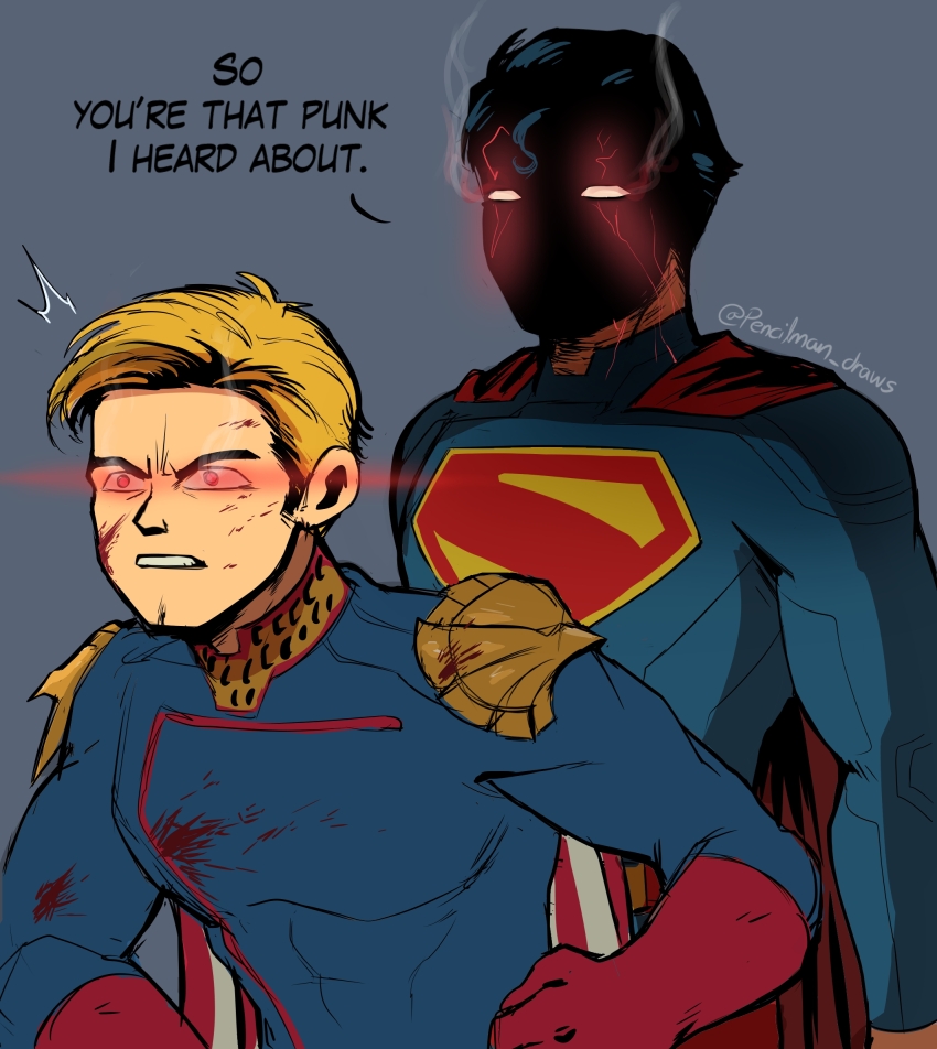2boys angry artist_name behind_another black_hair blonde_hair blood blood_on_clothes blood_on_face blue_background blue_bodysuit bodysuit cape clenched_hand clenched_teeth commentary crossover dc_comics english_commentary english_text furious gloves glowing glowing_eyes highres homelander male_focus multiple_boys pencilman_draws red_eyes red_gloves shaded_face short_hair simple_background smoke superhero_costume superman teeth the_boys