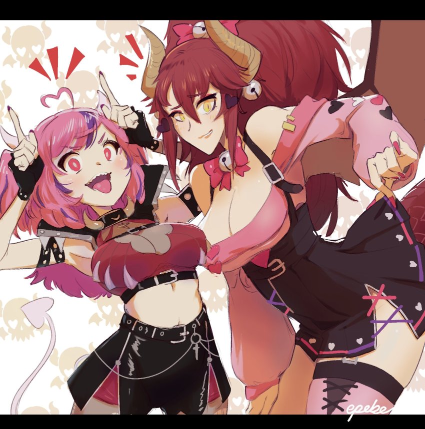 2girls ahoge armpits black_skirt bow breasts cleavage commentary cosplay costume_switch demon_girl demon_horns demon_tail dragon_girl dragon_horns dragon_tail dragon_wings english_commentary epebe heart heart-shaped_eyes heart_ahoge heart-shaped_hair high-waist_skirt highres horns horns_pose ironmouse ironmouse_(1st_costume) ironmouse_(cosplay) large_breasts leaning_back medium_breasts multicolored_hair multiple_girls nail_polish off-shoulder_sweater off_shoulder pink_bow pink_eyes pink_hair pink_nails pink_sweater pointing pointing_up ponytail purple_hair see-through_clothes see-through_cleavage skirt skull streaked_hair sweater tail two_side_up v-shaped_eyebrows virtual_youtuber vshojo wings yellow_eyes zentreya zentreya_(cosplay) zentreya_(dragon) zentreya_(dragon)_(1st_costume)