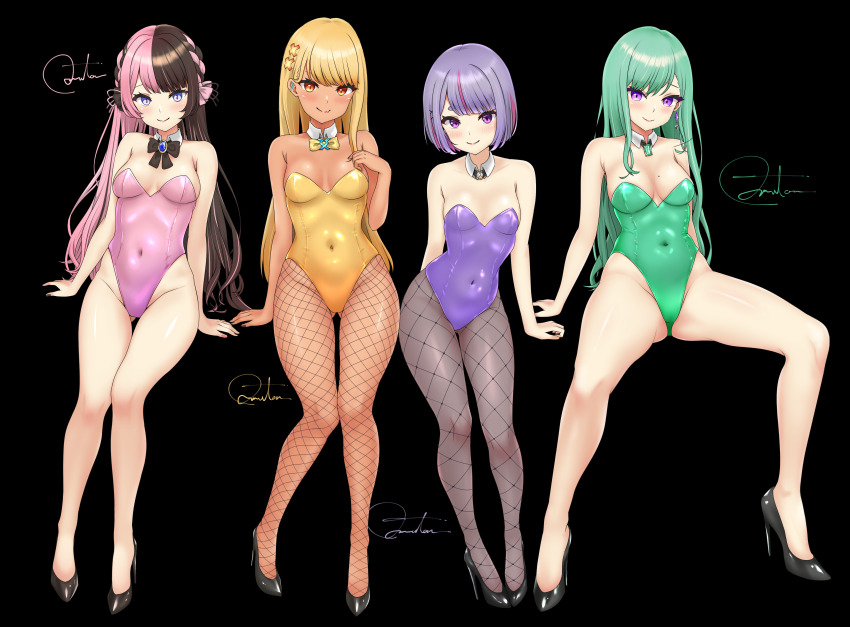 4girls absurdres alternate_costume ass bare_arms bare_legs bare_shoulders black_background black_footwear black_nails blue_eyes bow bowtie braid breasts brown_bow brown_hair closed_mouth contrapposto covered_navel dark_skin detached_collar ear_piercing earrings fang fishnet_pantyhose fishnets french_braid full_body green_leotard grey_hair grey_pantyhose hair_bow hair_ornament high_heels highleg highleg_leotard highres invisible_chair jewelry kaminari_qpi leotard lightning_bolt_earrings lightning_bolt_symbol lipstick long_hair makeup medium_breasts multicolored_hair multiple_girls muton_(muton82) orange_eyes pantyhose piercing pink_bow pink_hair pink_leotard pink_nails playboy_bunny purple_eyes purple_hair purple_leotard shoes short_hair signature sitting skin_fang smile split-color_hair spread_legs strapless strapless_leotard streaked_hair swept_bangs tachibana_hinano thighs tosaki_mimi two-tone_hair very_long_hair virtual_youtuber vspo! wing_collar x_hair_ornament yakumo_beni yellow_bow yellow_bowtie yellow_leotard