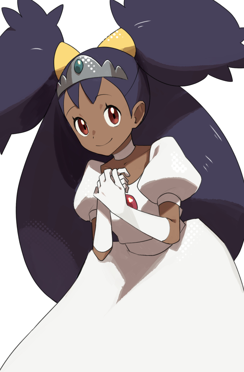 1girl alter alternate_costume big_hair black_hair brown_eyes choker closed_mouth commentary_request creatures_(company) dark-skinned_female dark_skin dress eyelashes game_freak gem gloves hands_up highres himurohiromu iris_(pokemon) long_hair looking_at_viewer nintendo own_hands_together pokemon pokemon_(anime) pokemon_bw038 pokemon_bw_(anime) red_gemstone short_sleeves smile solo tiara two_side_up white_choker white_dress white_gloves
