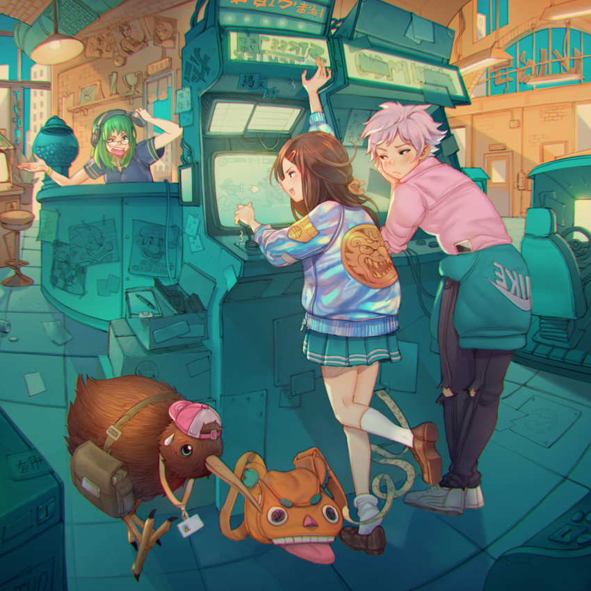 1boy 2girls adjusting_headphones animal_bag aqua_skirt aqua_sweater arcade arcade_cabinet arcade_stick arm_support artist_name backwards_hat bag baseball_cap bird black_pants blue_shirt blue_sky box bracelet brown_hair brown_shoes clothes_around_waist commentary controller counter dated exit_sign fighting_game foot_up game_controller glasses green_hair grey_headphones gumball_machine hair_ornament hair_ribbon hairclip hand_on_own_head hand_up hanging_light hat highres indoors jacket jewelry joystick kiwi_(bird) lanyard long_hair looking_at_another looking_over_eyewear medium_hair mirrored_text multicolored_jacket multiple_girls name_tag orange_ribbon original pants pink_hair pink_hat pink_shirt playing_games pleated_skirt poster_(object) ribbon satchel shirt shoes short_hair shouting simz skirt sky socks standing standing_on_one_leg stool sweatdrop sweater sweater_around_waist teeth torn_clothes torn_pants upper_teeth_only white_shoes white_socks window