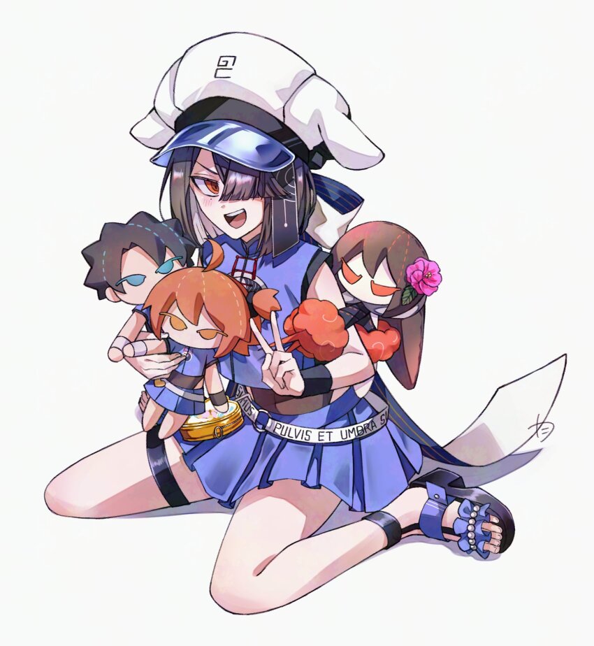1girl bikini bikini_skirt black_hair brown_eyes character_doll doll fate/grand_order fate_(series) fujimaru_ritsuka_(female) fujimaru_ritsuka_(male) hair_over_one_eye hat highres mole mole_under_eye sandals sitting swimsuit ta_ko_tsu v wariza xu_fu_(fate) xu_fu_(swimsuit_avenger)_(first_ascension)_(fate) yu_mei-ren_(fate)