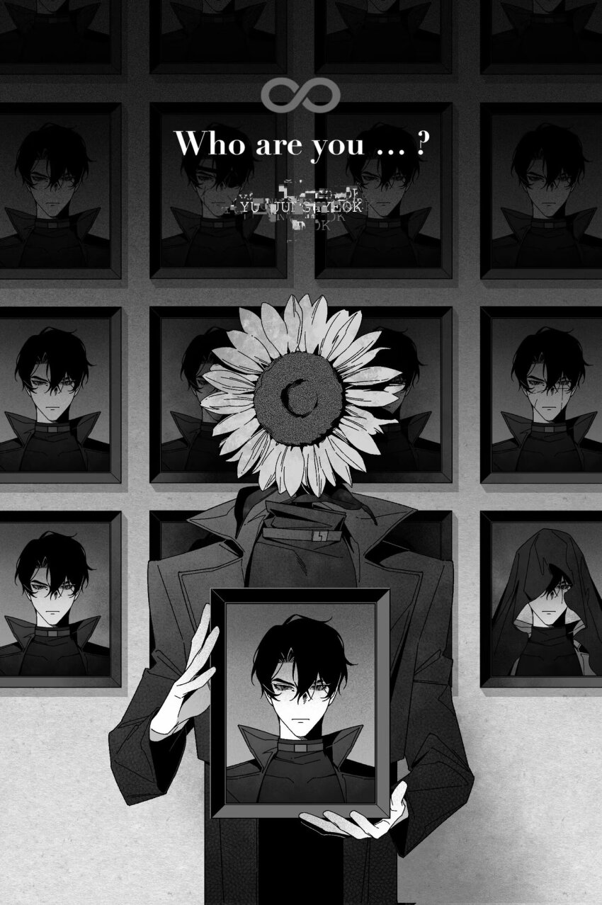 1boy :| benkdjjituibot black_coat black_eyes censored censored_identity closed_mouth coat covered_face english_text flower gradient_background headless highres holding_portrait infinity_symbol looking_at_viewer male_focus multiple_scars multiple_views omniscient_reader&#039;s_viewpoint popped_collar portrait_(object) scar scar_on_face secretive_plotter serious standing sunflower upper_body yoo_joonghyuk
