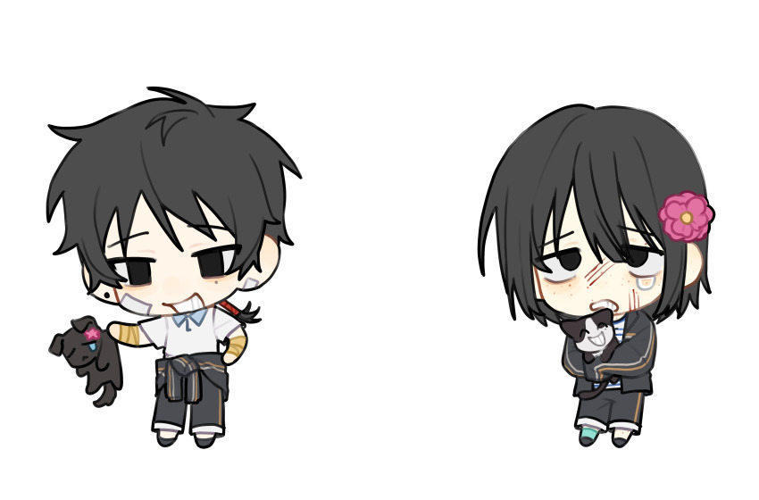 2boys absurdres animal animalization aqua_socks black_eyes black_hair black_jacket black_pants black_shoes chibi chibi_only chinese_commentary clenched_teeth collared_shirt commentary_request dog flower freckles fu_shun_(touqi_guaitan) grin hair_flower hair_ornament highres holding holding_animal jacket jacket_around_neck junxiu_di_maoyi long_sleeves male_focus medium_hair mole mole_under_eye multiple_boys pants pink_flower scratches shirt shoes short_sleeves simple_background single_sock sleeves_past_fingers sleeves_past_wrists smile socks teardrop teeth touqi_guaitan white_background white_shirt ziche_fuzhao