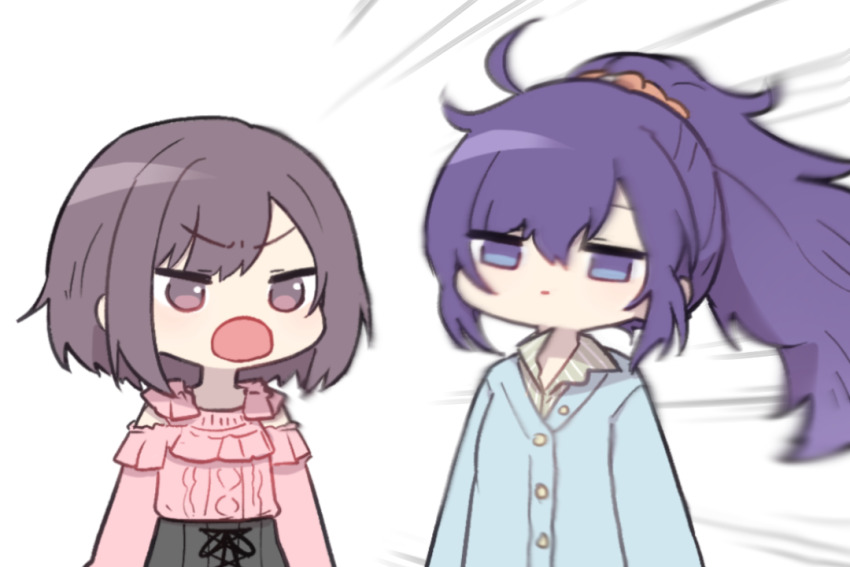 132_(bb32768) 2girls :o asahina_mafuyu blue_cardigan bob_cut brown_eyes brown_hair cardigan chinese_commentary closed_mouth commentary_request long_hair long_sleeves motion_blur multiple_girls open_mouth ponytail project_sekai purple_eyes purple_hair shinonome_ena short_hair upper_body white_background