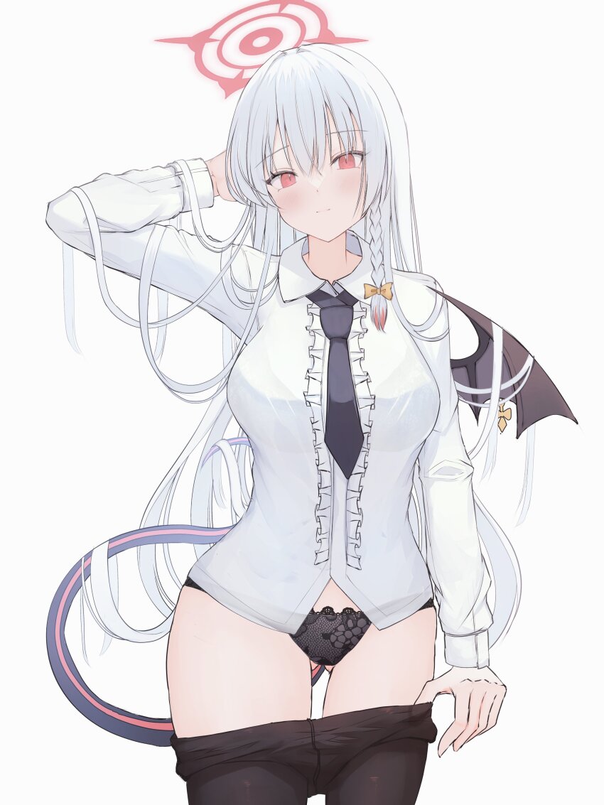 1girl absurdres arm_behind_head black_panties black_pantyhose black_tail black_wings blue_archive braid center_frills clothes_pull cowboy_shot demon_tail demon_wings frills halo haruna_(blue_archive) highres looking_at_viewer necktie panties pantyhose pantyhose_pull piercing red_eyes red_halo shirt short_necktie side_braid single_wing solo tail underwear white_background white_hair white_shirt wing_piercing wings yukimurayura