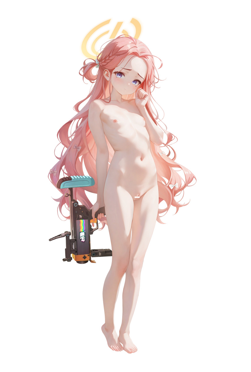 1girl 1llusori absurdres artist_logo bar_censor barefoot blue_archive blush bow braid censored character_name completely_nude feet flat_chest full_body grenade_launcher gun hair_bow halo handgun highres holding holding_gun holding_weapon light_frown logo loli long_hair looking_at_viewer m320 navel nipples nude nyan_cat pink_hair purple_eyes shoulder_stock simple_background solo standing toes trigger_discipline very_long_hair weapon white_background yuzu_(blue_archive)