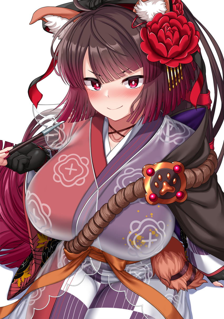 1girl ahoge breasts brown_hair checkered_clothes checkered_kimono fate/grand_order fate_(series) floral_print flower grey_kimono hair_flower hair_ornament hair_ribbon highres hitotsuki_nebura japanese_clothes kimono kyokutei_bakin_(fate) kyokutei_bakin_(second_ascension)_(fate) large_breasts long_hair long_sleeves looking_at_viewer multicolored_kimono ponytail red_eyes red_kimono red_ribbon ribbon rope sash smile solo very_long_hair wide_sleeves