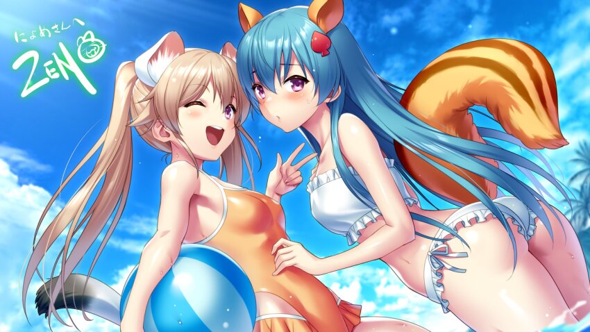 2girls ;d animal_ear_fluff animal_ears ao_no_kanata_no_four_rhythm arisaka_mashiro artist_name ass ball bare_shoulders beachball bikini blue_hair blue_sky blush breasts brown_hair commentary_request commission cowboy_shot curvy day dog_ears dog_girl dog_tail dutch_angle fingernails floating_hair frilled_bikini frills hair_between_eyes hair_ornament hand_up happy highres holding holding_ball holding_beachball kemonomimi_mode lips long_hair looking_at_viewer multiple_girls one-piece_swimsuit one_eye_closed open_mouth orange_one-piece_swimsuit outdoors parted_lips purple_eyes second-party_source shirase_minamo shy skeb_commission sky small_breasts smile squirrel_ears squirrel_girl squirrel_tail straight_hair swimsuit tail tail_raised teeth thighs twintails upper_teeth_only v very_long_hair wet white_bikini zen_(kamuro)