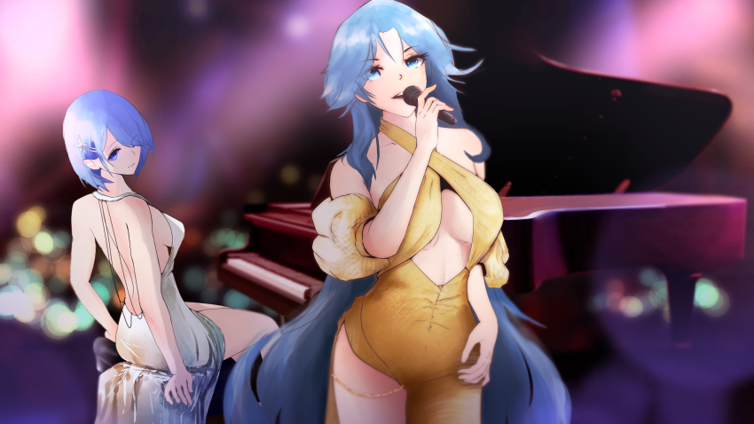 2girls azur_lane bare_back bare_shoulders beefusteku blue_eyes blue_hair blurry blurry_background blush breasts chair chapayev_(azur_lane) closed_mouth collarbone commentary dress english_commentary feet_out_of_frame from_side hair_ornament hairclip highres holding holding_microphone legs long_hair looking_at_viewer looking_back medium_breasts microphone multiple_girls music open_mouth parted_lips sideboob singing sitting sovetskaya_belorussiya_(azur_lane) standing teeth underboob upper_teeth_only very_long_hair white_dress yellow_dress