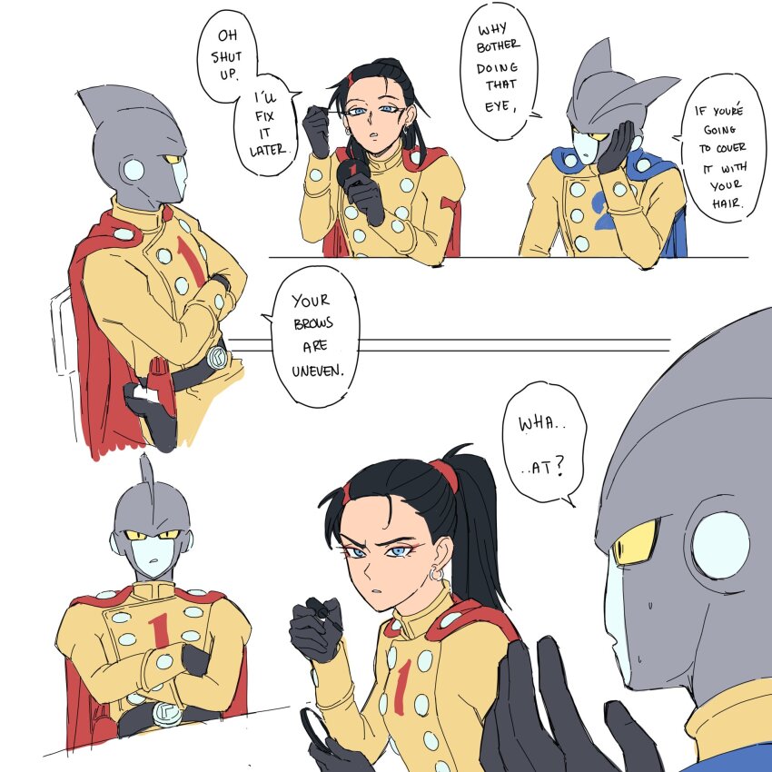 1girl 2boys applying_makeup blue_cape blue_eyes cape colored_sclera colored_skin dragon_ball dragon_ball_super dragon_ball_super_super_hero dual_persona english_text gamma_1 gamma_2 genderswap genderswap_(mtf) genniax grey_skin highres jacket makeup multiple_boys ponytail red_cape red_ribbon_army superhero_costume yellow_jacket yellow_sclera