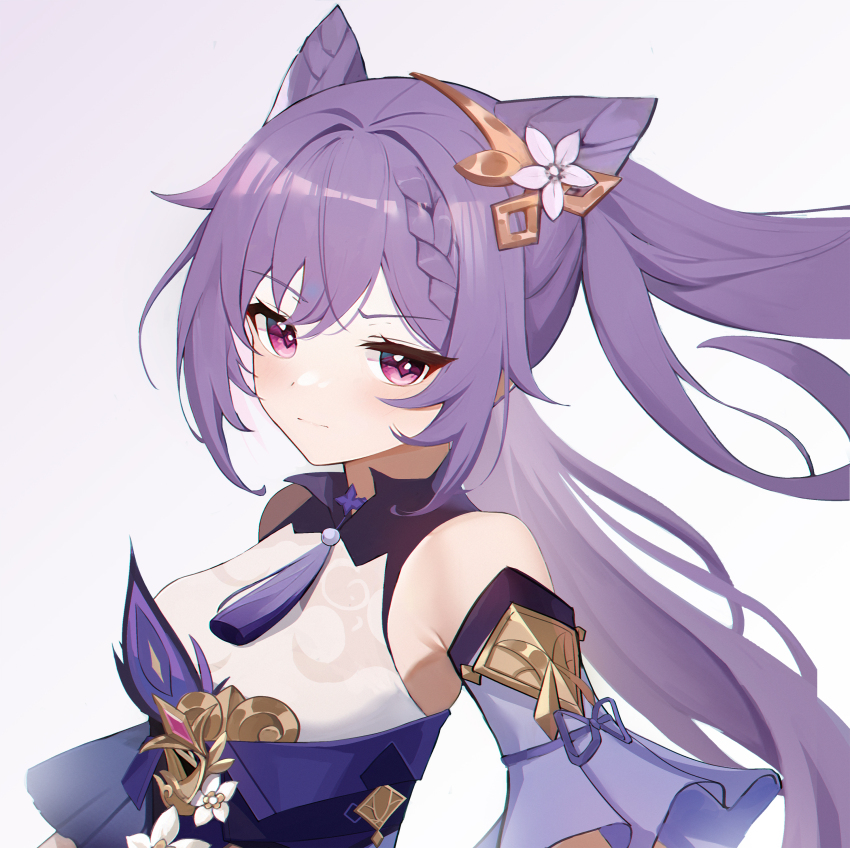 1girl absurdres bare_shoulders cone_hair_bun detached_sleeves feathers genshin_impact hair_bun hair_ornament highres keqing_(genshin_impact) long_hair luckyes neck_tassel purple_eyes purple_hair solo tassel